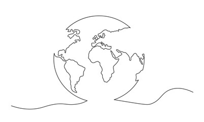 One continuous line drawing of Earth globe.World map doodle line drawing. Earth map hand drawn symbol. Isolated on white background