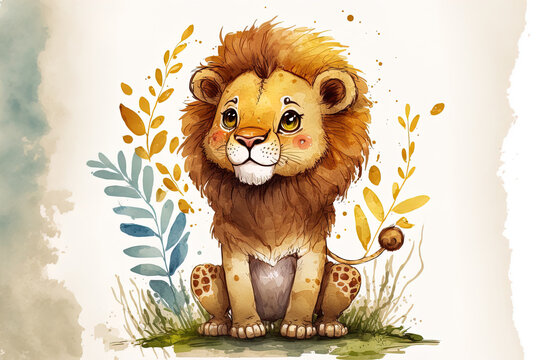 African comical safari animal mascot, funny friendly welcoming lion for kids and youngsters. a watercolor styled, isolated lion. Generative AI