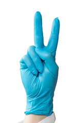 Hand of a doctor wearing a latex glove doing the letter ¨k¨ in sign language