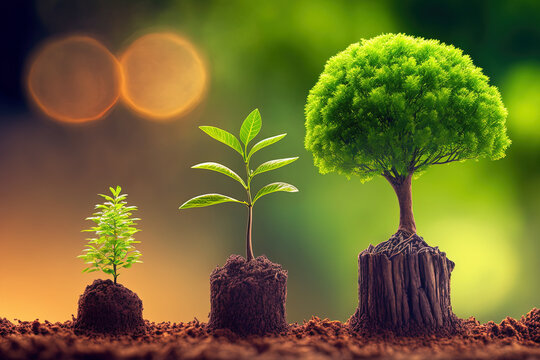 World Environment Day, little trees of various sizes against a green backdrop, and the idea of environmental care. Generative AI