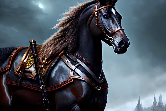 Black warrior horse with armor horses war gentleman sword armor selas film illustration generated by AI