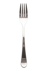 Fork. Metallic stainless steel silver fork for cutlery set or table setting. Concept for restaurants food menu, lunch, dinner. Kitchenware for Kitchen. White isolated background. Flat lay, top view