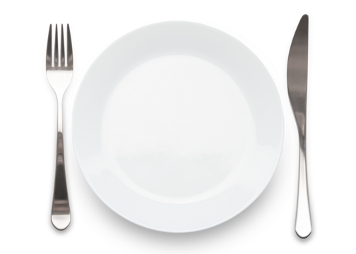 Cutlery set with plate. Table setting. White ceramic plate or dish with metallic stainless steel silver fork and knife. Concept for restaurants food menu, lunch, dinner. Kitchenware for Kitchen. 