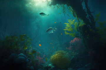 Naklejka na ściany i meble a realistic underwater environment with flora. Generative AI
