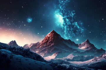 Naklejka na ściany i meble galaxy background with natural aesthetics, mountain, and starry sky. Generative AI