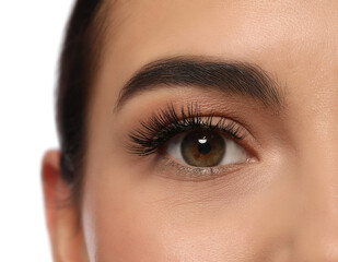 Fototapeta premium Beautiful young woman with long eyelashes on white background, closeup