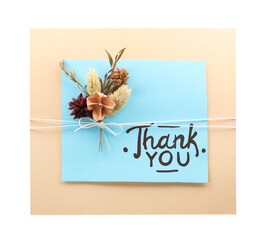 Card with phrase Thank You and dried flowers isolated on white