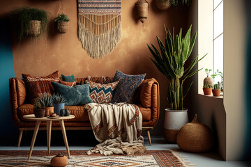 Bohemian style interior design, a warm colored living room. Generative AI