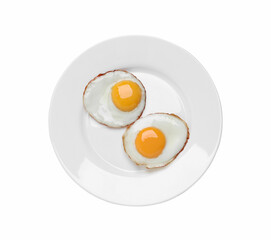 Plate with delicious fried eggs isolated on white, top view