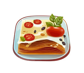 Italian layered vegetable pie with pasta. preliminary illustration