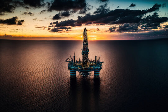 Aerial shot of a jack up drilling rig at an offshore area at dusk. Generative AI
