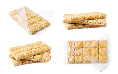 Collage with delicious sesame kozinaki bars on white background