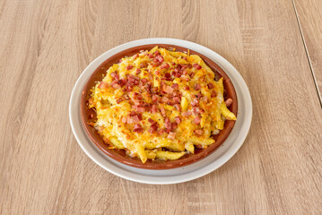 An earthenware plate with a large serving of melted cheese fries with fried bacon bits