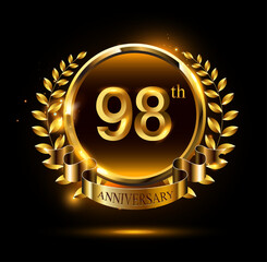 98th golden anniversary logo with ring & ribbon, luxury laurel wreath