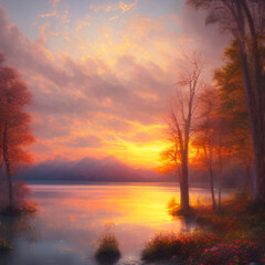 Obraz na płótnie Canvas oil painting sunset over the lake