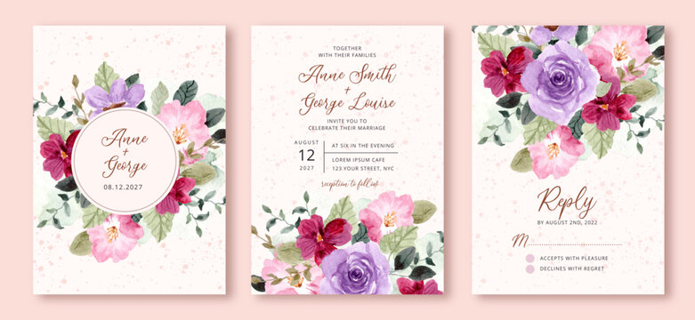 wedding invitation set with purple pink watercolor floral frame