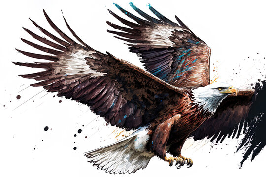 Illustration of a bald eagle in flight made by hand in color and using paint on a white background. Generative AI