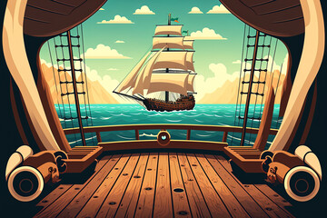 Fototapeta premium Deck of a wooden ship with a view of a pirate boat at sea. Generative AI