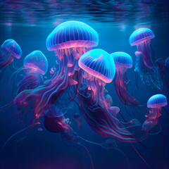 Flock of neon jellyfish in the underwater world