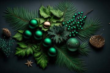 Christmas backdrop with green Christmas tree twigs and decorations for the New Year. Generative AI