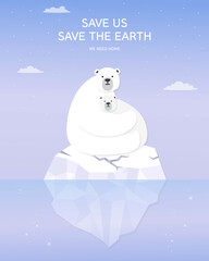 Polar bear on an ice floe. Mother and child. The glacier, Starry night in the North. Landscapes of the Arctic. Global warming, Climate change, sea level rise, nature damage. flat vector illustration