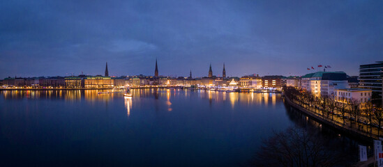 Panoramic view over the city center of Hamburg by night - travel photography