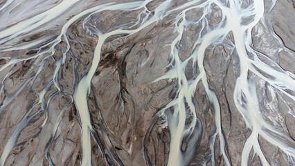Glacial Rivers from Above. Aerial Photograph of the River Streams from Icelandic Glaciers. Beautiful Art of the Mother Nature Created in Iceland. Wallpaper Background 