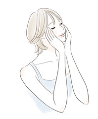 スキンケア　うっとりして目を閉じる笑顔の女性