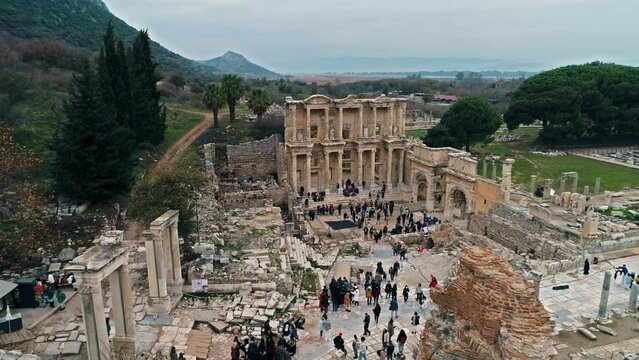General drone view of the ancient city of Ephesus 
