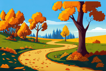 Naklejka na ściany i meble Cartoon fall foliage picture in a remote setting. Generative AI
