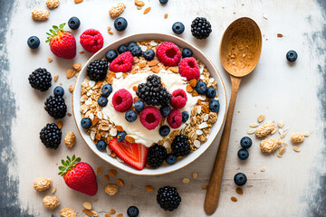 Oat granola dish on white wooden board with yogurt, fresh raspberries, blueberries, strawberries, and blackberries and almonds, top view. Generative AI - obrazy, fototapety, plakaty