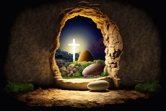 Easter image depicts the empty tomb of Jesus with a stone that has been rolled away. Generative AI