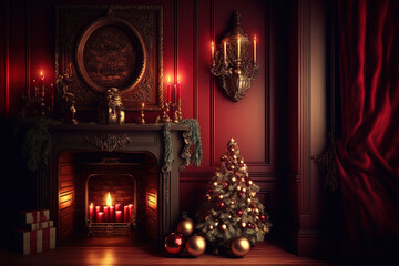 Studio image of a crimson old room with a Christmas décor. Generative AI