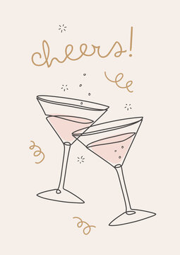 Hand Drawn Vector Illustration With "Cheers!&rdquo; Lettering And Martini Glasses In Continuous Line Drawing Style. Simple Graphic Design Ideal For Carnival Party Poster, Invitation Or Greeting Card.