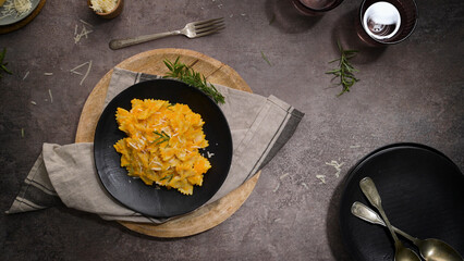 Farfalle pasta with pumpkin sauce