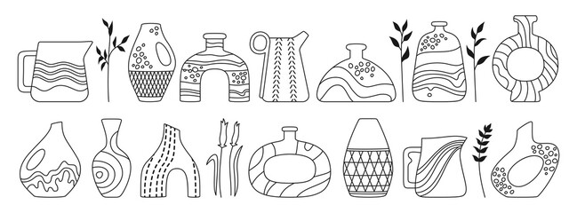 Vase shape and ceramic pot, jug or jar bottles linear doodle set. Cozy home decor handmade boho outline pottery and branch leaves. Antique various vases, hand drawn contour vessel. Trendy vector