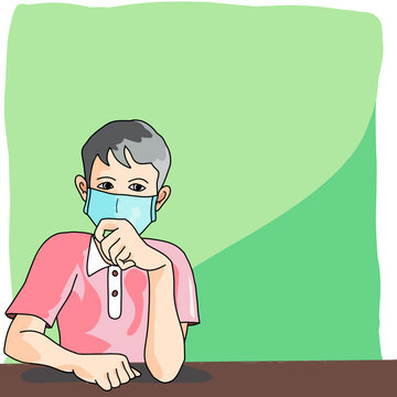 cartoon illustration of a child wearing a medical mask, with gradient green background for writing activity plans