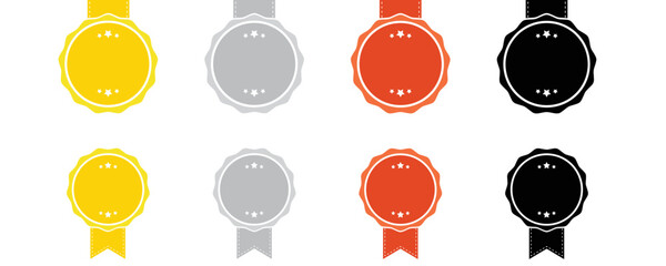 Vector illustration of gold, silver bronze and black badges with ribbons.
