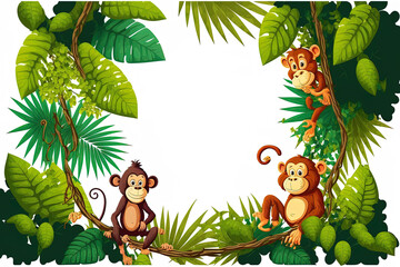 Obraz na płótnie Canvas Cartoons of several monkeys are shown on a rope with tropical leaves. Generative AI