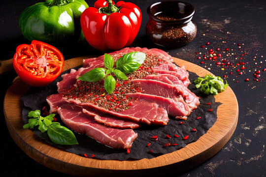 Sliced raw pork was cooked with fresh pepper seeds, tomato, basil, and chile. Generative AI