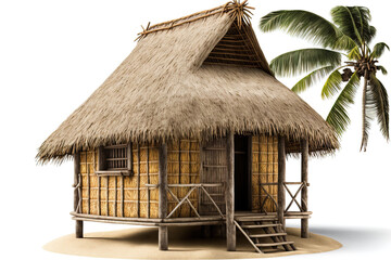 Tropical bungalow, outdoor tiki house, straw beach bar, hay thatch hut, tribal hut, and beach hut all separated on a white backdrop with clipping path. Generative AI