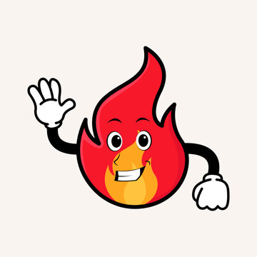 Smiling cute fire cartoon mascot character. Doodle vintage style fire illustration concept