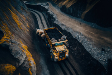 Fototapeta na wymiar aerial panorama of a coal mine. Big yellow mining truck for a coal quarry in an open pit mine. Anthracite mining is open coal mining. Pit on open air coal mining. putting rocks into trucks. Generative