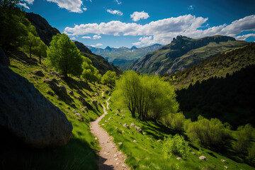 Fototapeta na wymiar The ripera valley pyrenees' path around the vera and Salto de Tendenera waterfalls. Generative AI