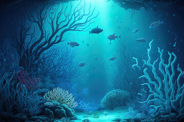 Fototapeta na wymiar blue water and coralized seafloor. Generative AI