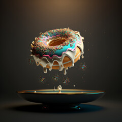 Hovering donut with golden and botanical decorations, Generative AI image - 557498328