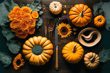 Elegant fall flat lay On a rustic wooden table, there are colorful autumn flowers, pumpkins, pattypan squashes, and scissors. Holiday greetings Harvest season in a rural area Thanksgiving greetings! i