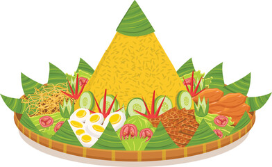 Vector traditional Indonesian food, nasi tumpeng, nasi kuning - with tempeh, egg
