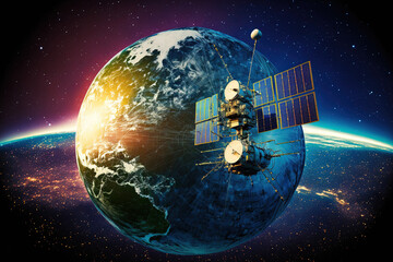 Obraz na płótnie Canvas depiction of a communication satellite transmitting globally. Generative AI