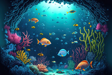 A large number of little fish are swimming in the waters below the surface. Generative AI